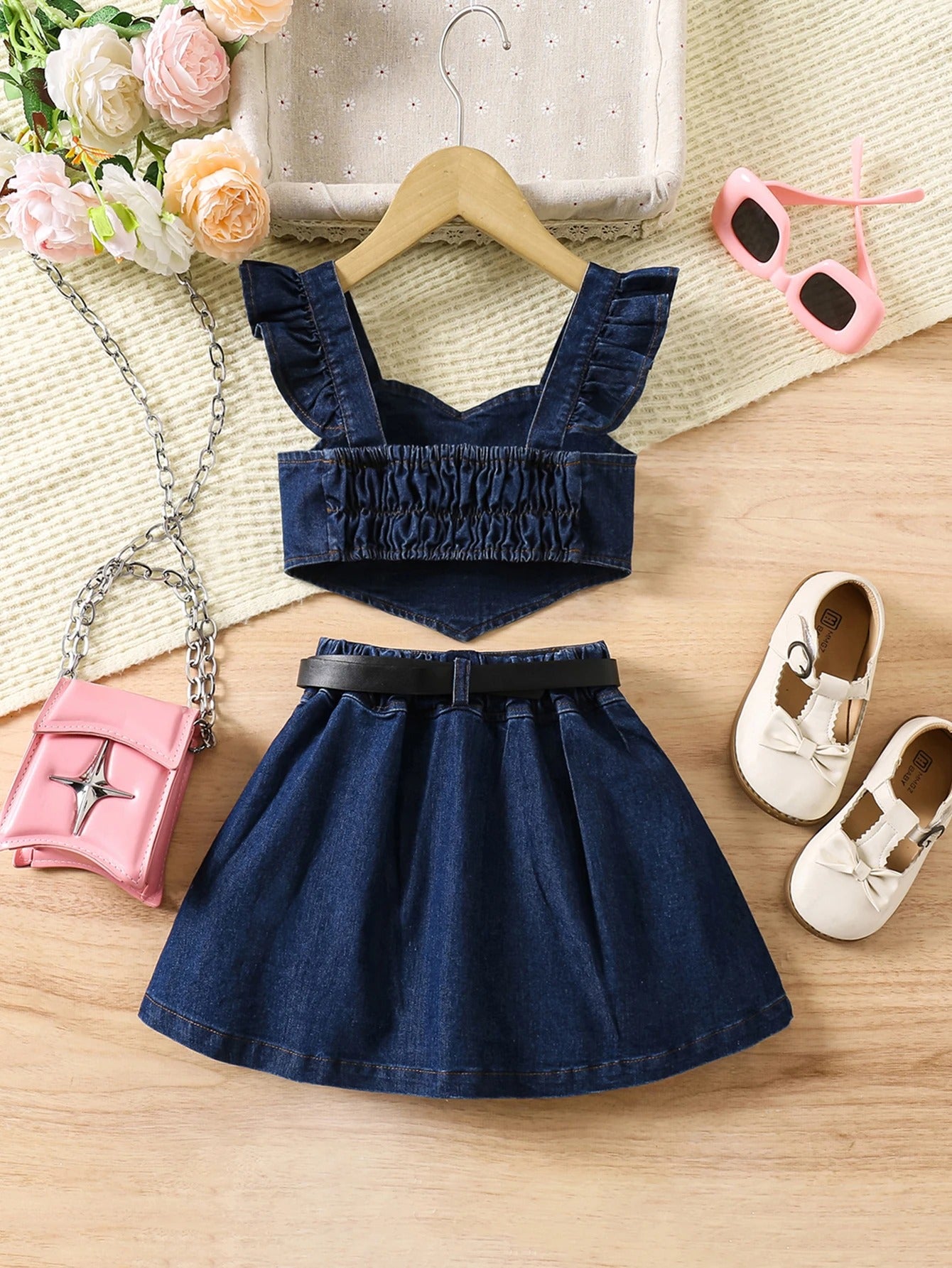 Girls' Two-Piece Set: Houndstooth-Printed Top with Bow Detail and Back Cutout + Flare Pants with Split Cuffs