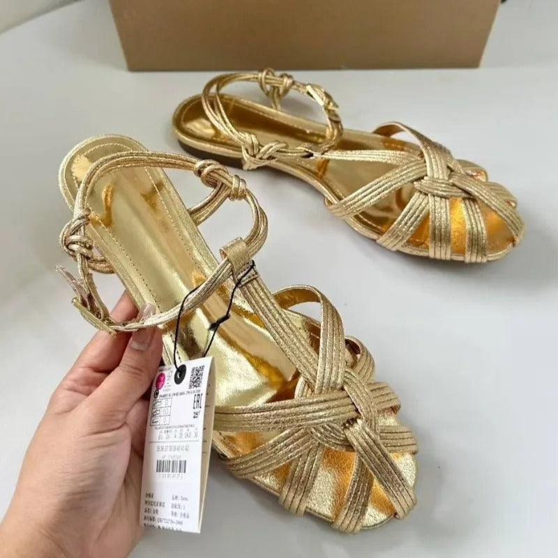 Golden Soft Leather  Summer Flat with Comfortable Beach Shoes for Female