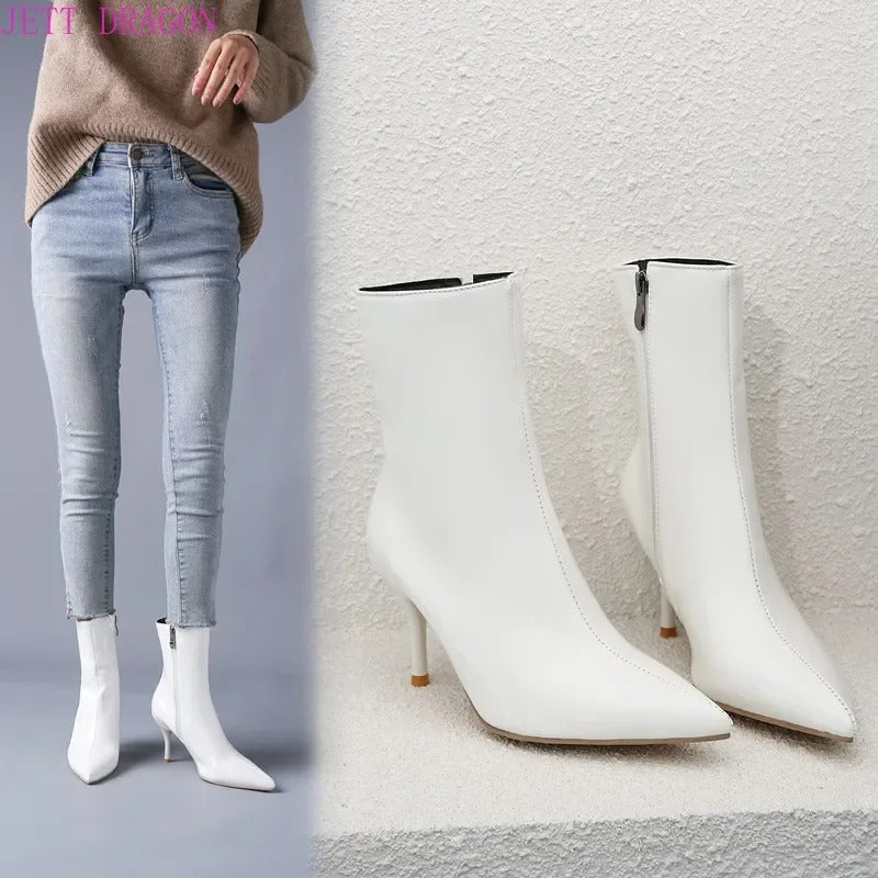 PU Leather Zipper Women Booties High Heels