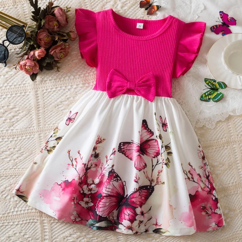 Summer New Girl's Butterfly Printed Dress 3-7Y Flying Sleeves