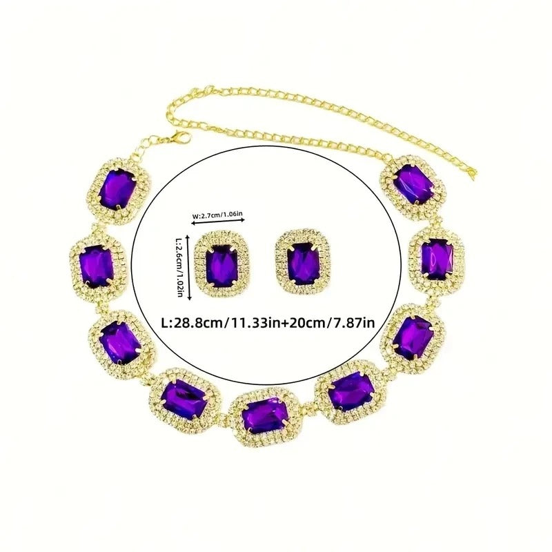 Rhinestone Purple Necklace Earrings Set