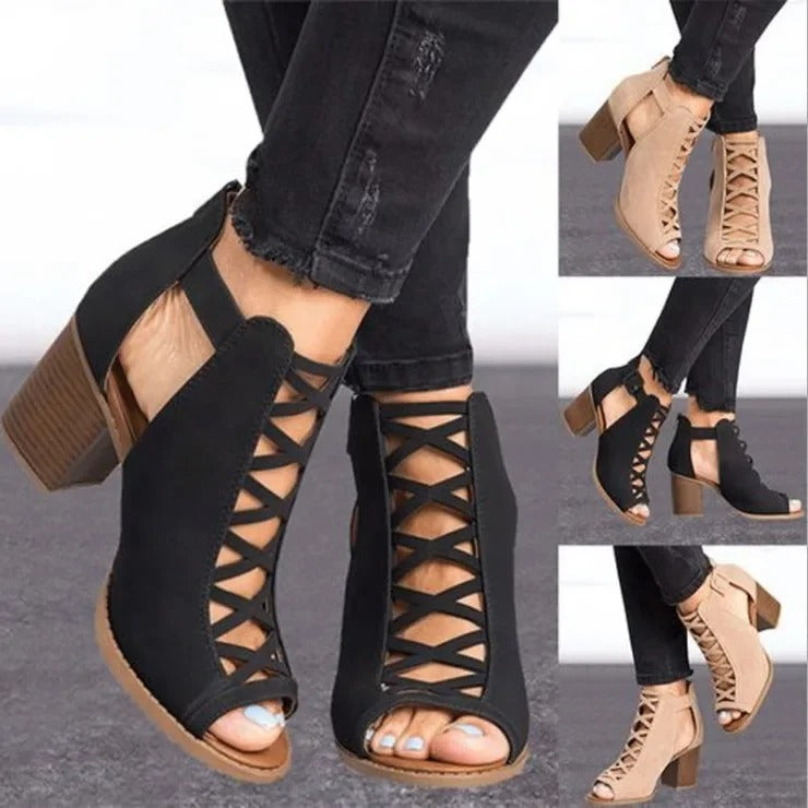 High Heels Mesh Ring Buckle Back Zipper Ladies Sandals Rubber Bottom Shoes