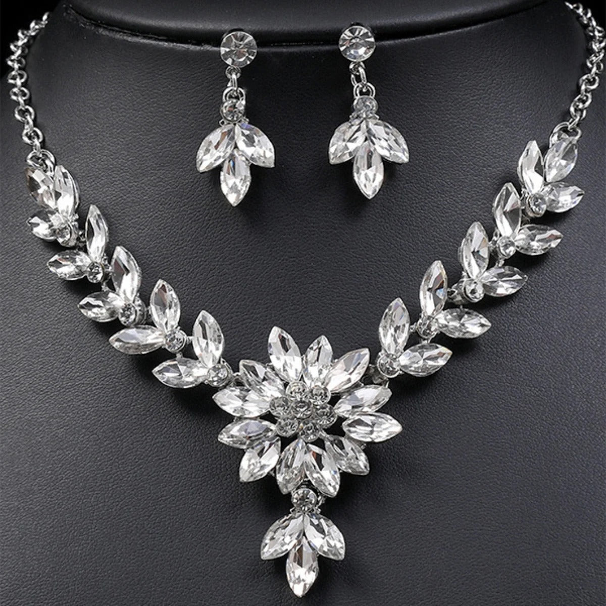crystal contrasting flower necklace earrings