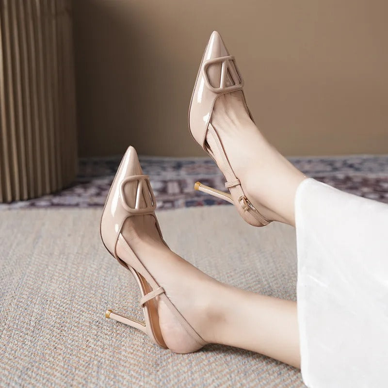 Women's Pointed Toe Slip-On Sandals with Buckle V-Strap High Heels