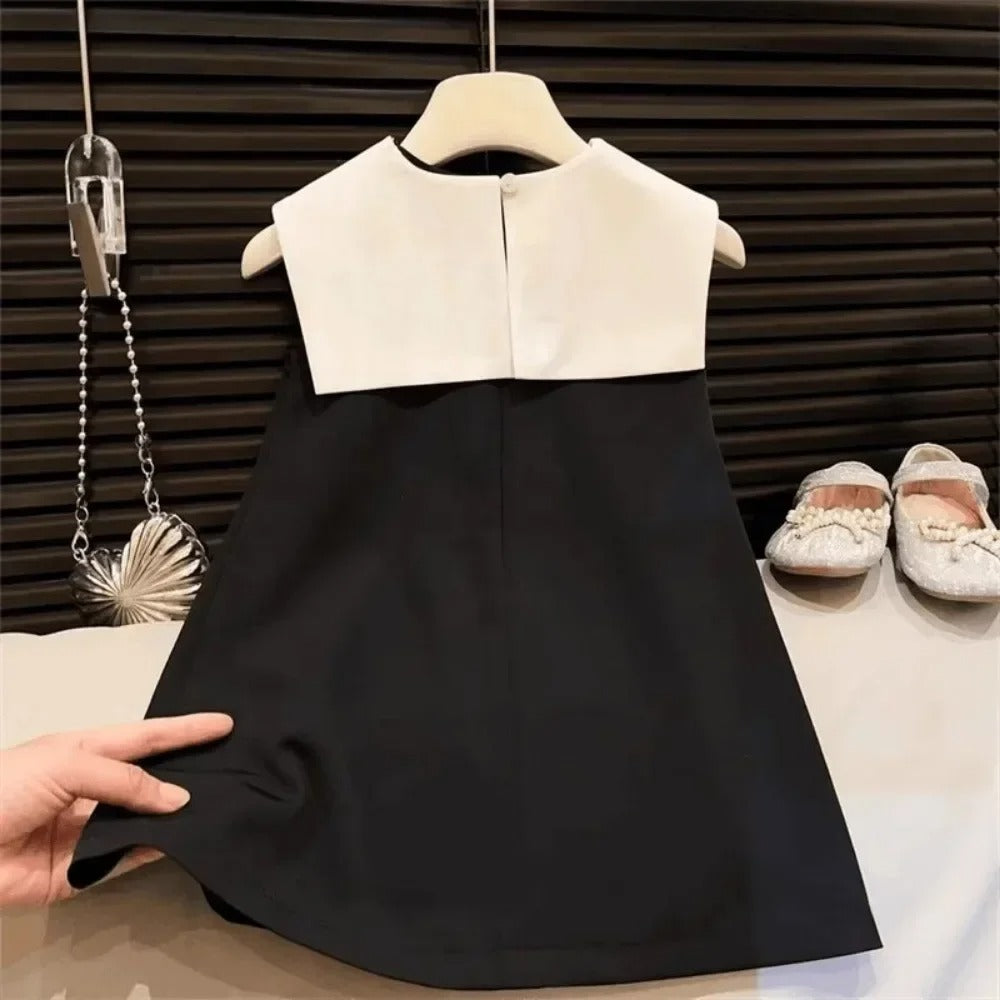 Fashionable Girls' Casual Clothes Lapel Bow Pearl Single Breasted Sleeveless Dress.