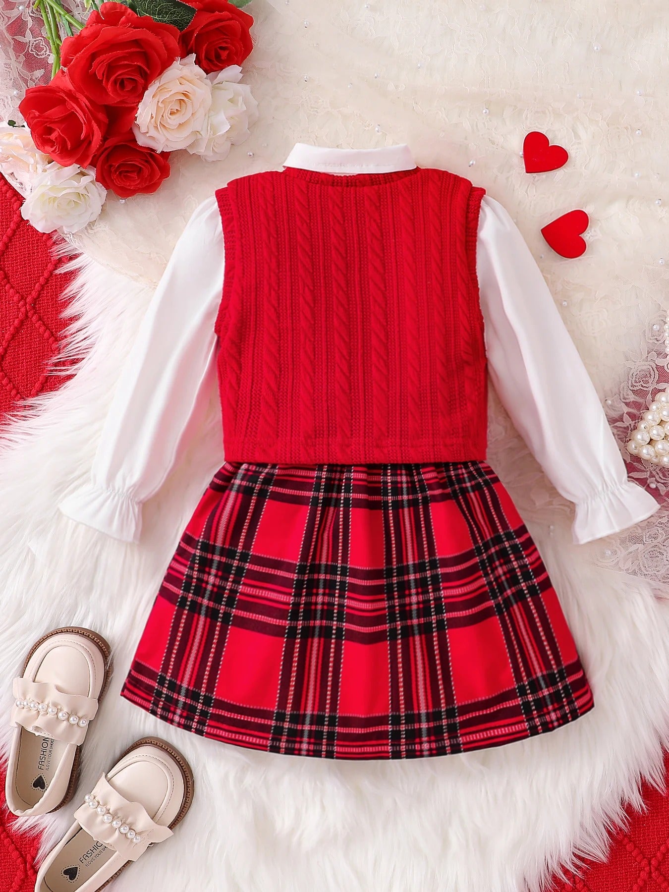 Three Piece Set Knitted Red Tank Top+Lace Collar Lining+Checkered Half Skirt