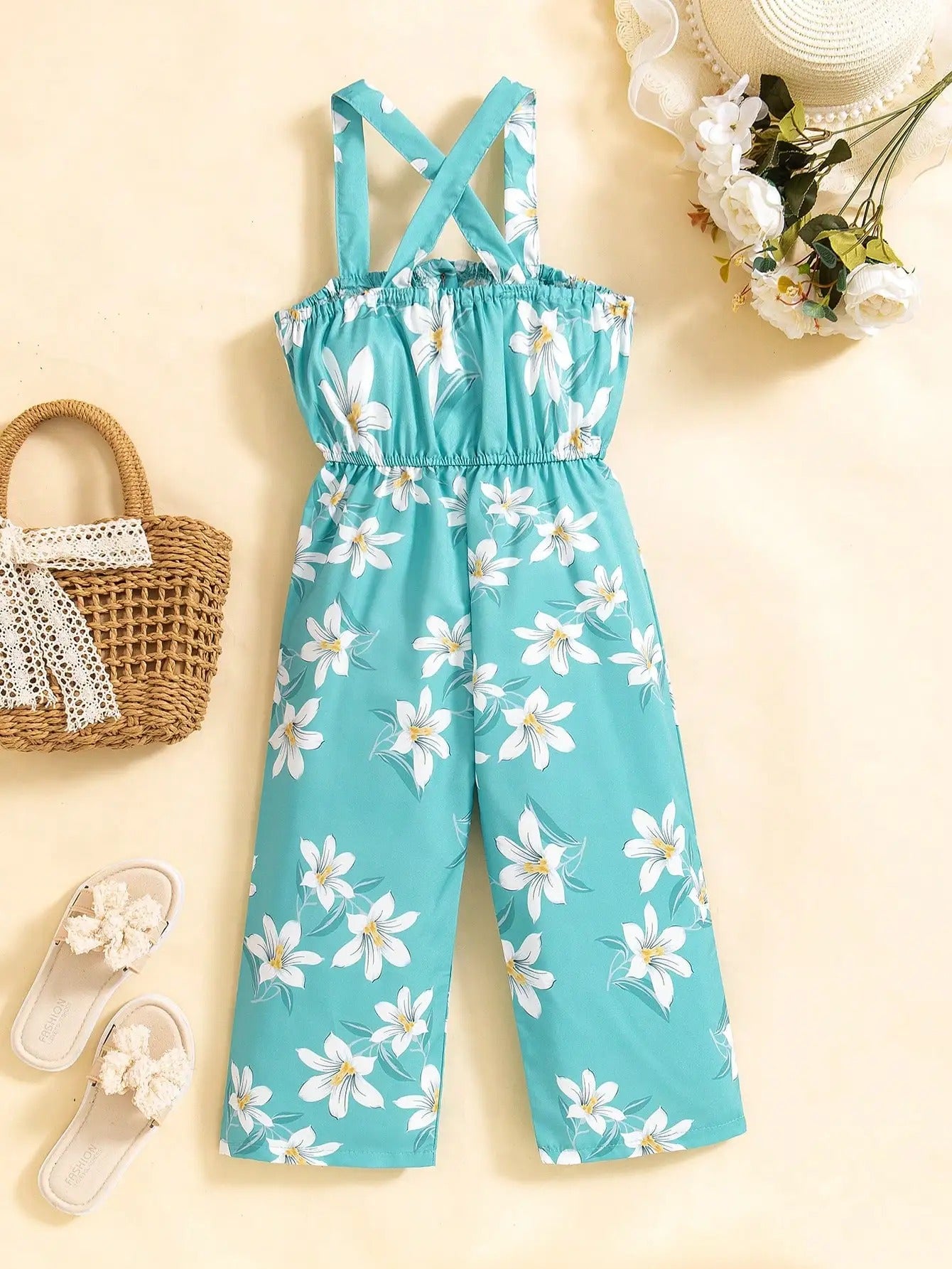 Suspender Button-Up Waist-Cinching Wide-Leg Jumpsuit for Summer Season Change and Seaside Vacation.