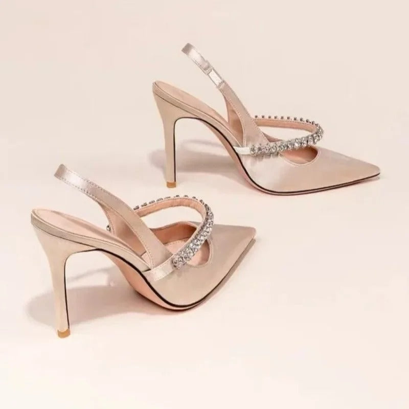 Silk Luxury Sexy Pointed Toe High Heels Womens Elegant Rhinestone Party Dress
