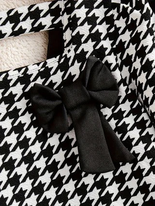 Girls' Two-Piece Set: Houndstooth-Printed Top with Bow Detail and Back Cutout + Flare Pants with Split Cuffs