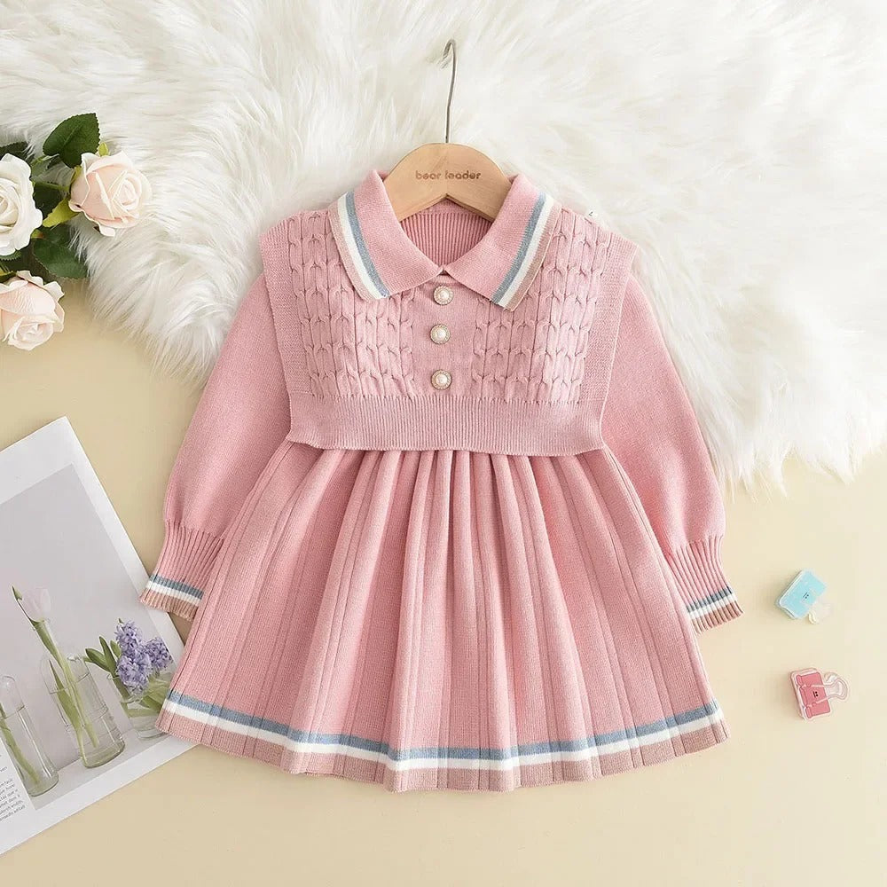 Dress Vest Stripe Party Girl Baby Retro Knitted Wool Dress Casual Vestidos.