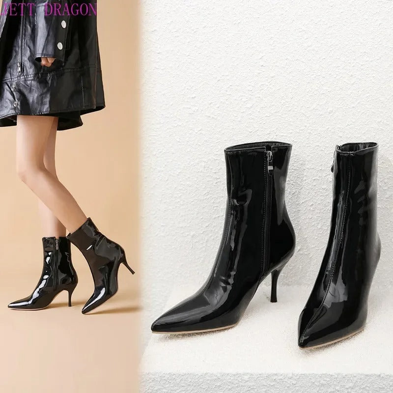 PU Leather Zipper Women Booties High Heels