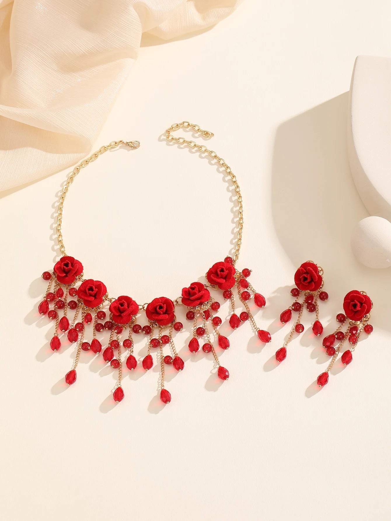 Red Rose Crystal Tassel Pendant Necklace and Earrings