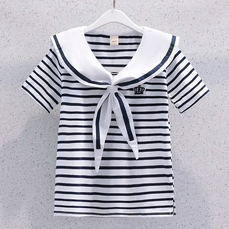 Girls Summer Casual Striped Sailor Collar Short Sleeve Suits