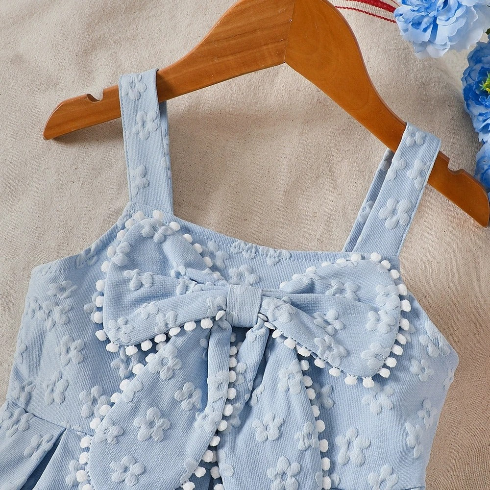Summer Blue Suspender Dress Large Skirt Bow Decoration Kids