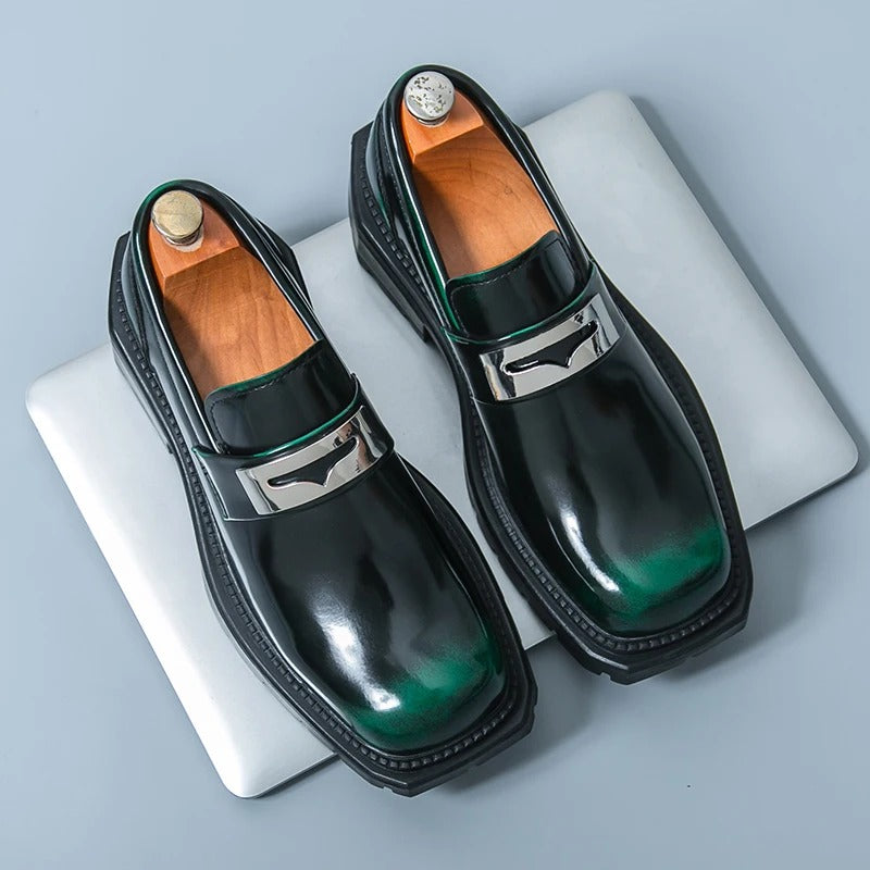 Thick Bottom PU Leather Men Green Loafers Wedding