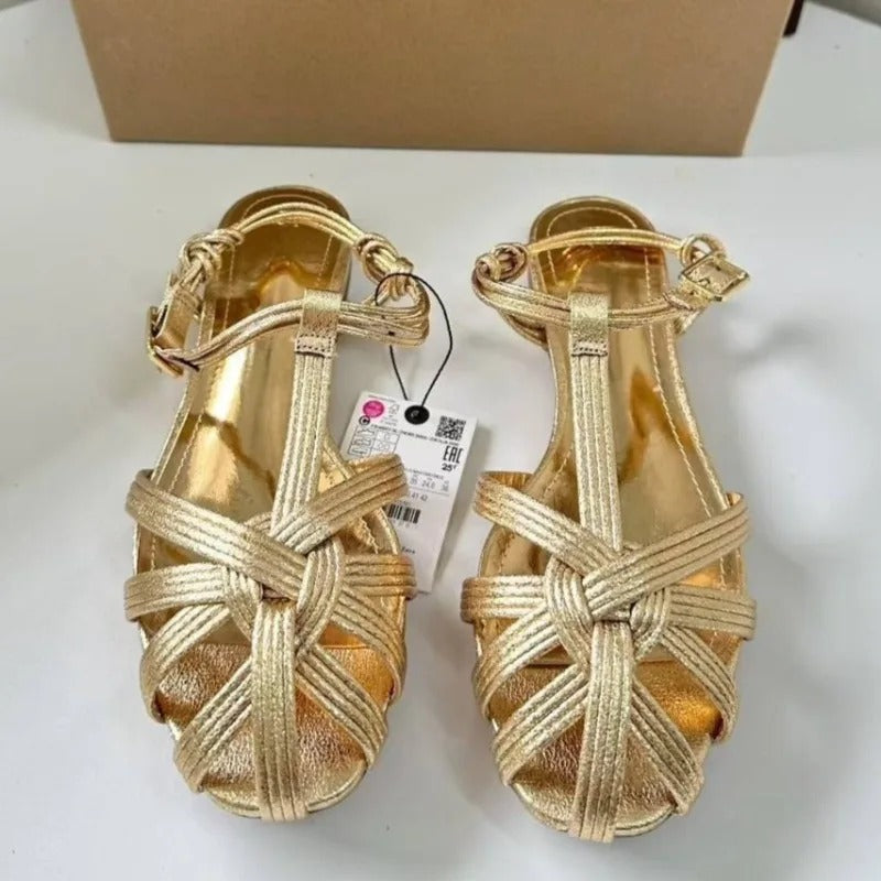 Golden Soft Leather  Summer Flat with Comfortable Beach Shoes for Female