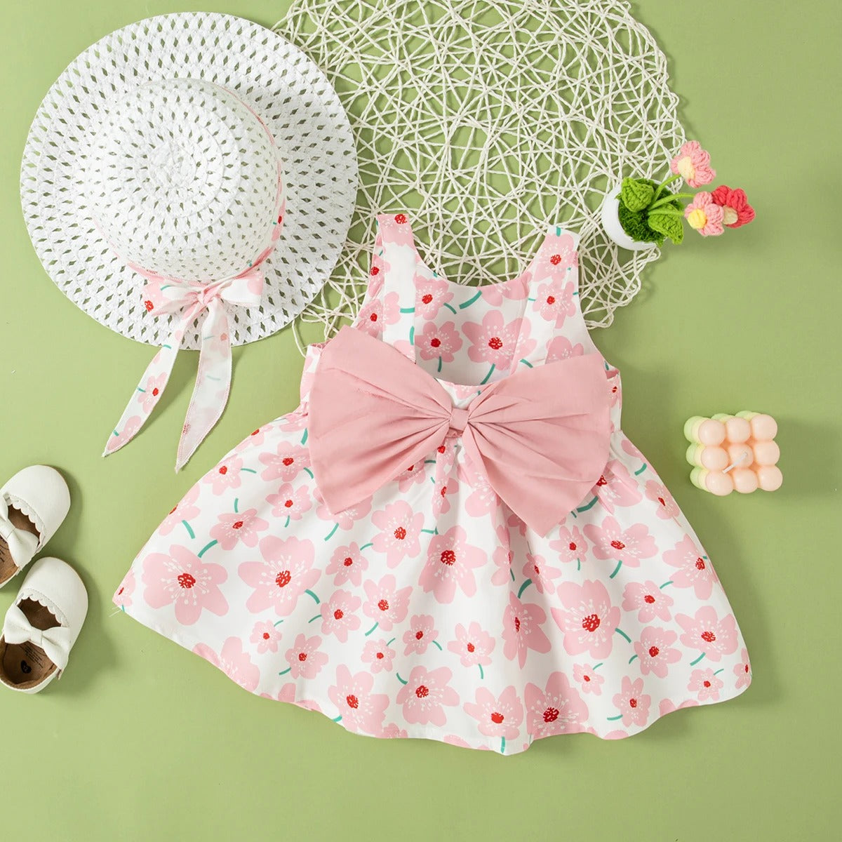 Bow Children'S Sleeveless Clothes With Free Hat For Beach Party
