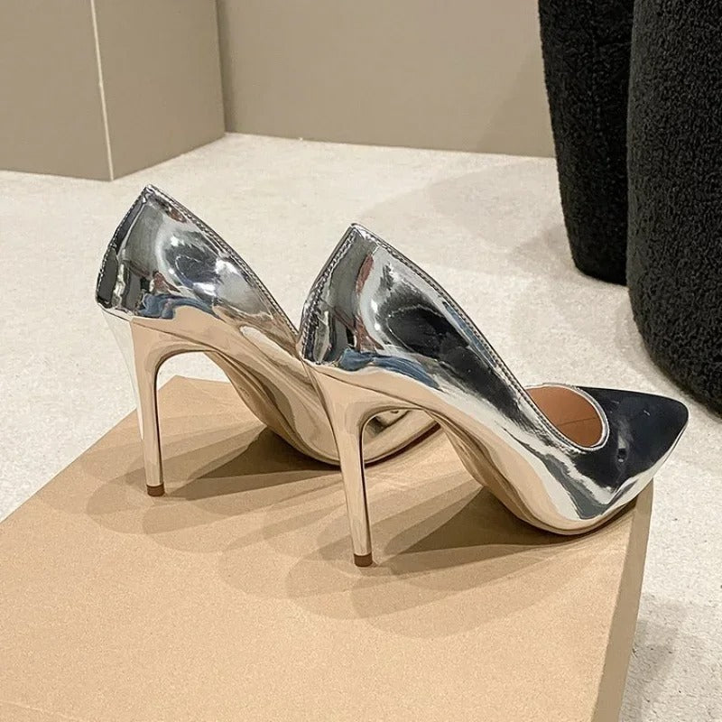 Soft Leather Sliver Gold High Heels 8/10cm Shoe Fashion Women Pumps Pointed Toe Slip-