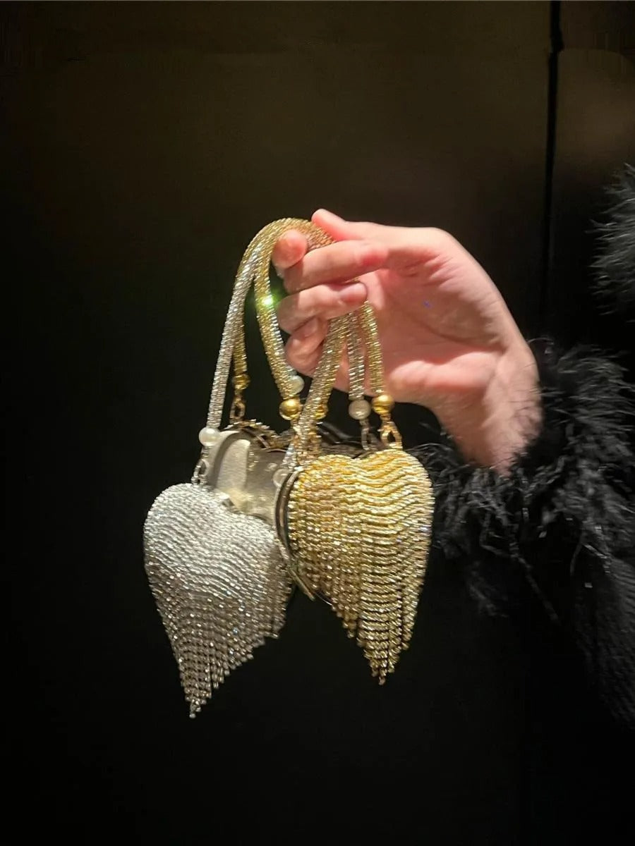 Luxury Small Bling Heart Shape Diamond Evening Clutch Rhinestones Purse