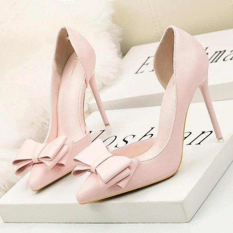 Sweet Bow High Heels Stiletto High Heels Shallow Mouth Pointed Side Hollow Luxury Designer Heels