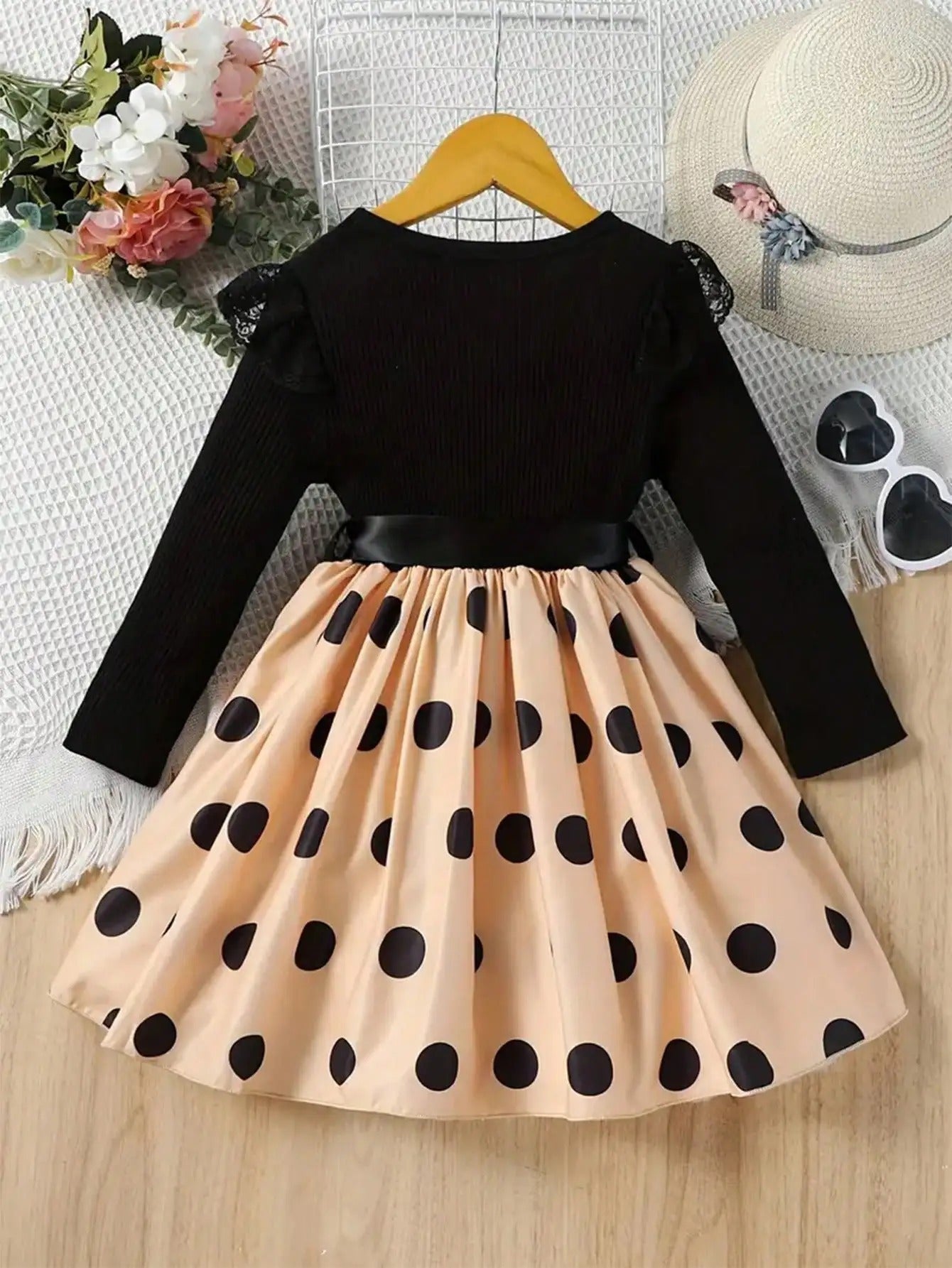 Lace Mesh Edge Round Neck Soft Long-Sleeve Patchwork Polka Dot All-Over Print Mid-Length Dress