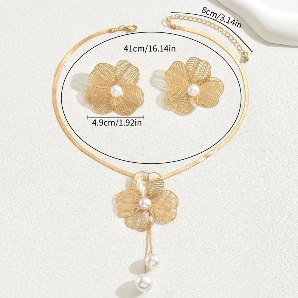 Stereo Flower Inlay Pearl Necklace Earrings