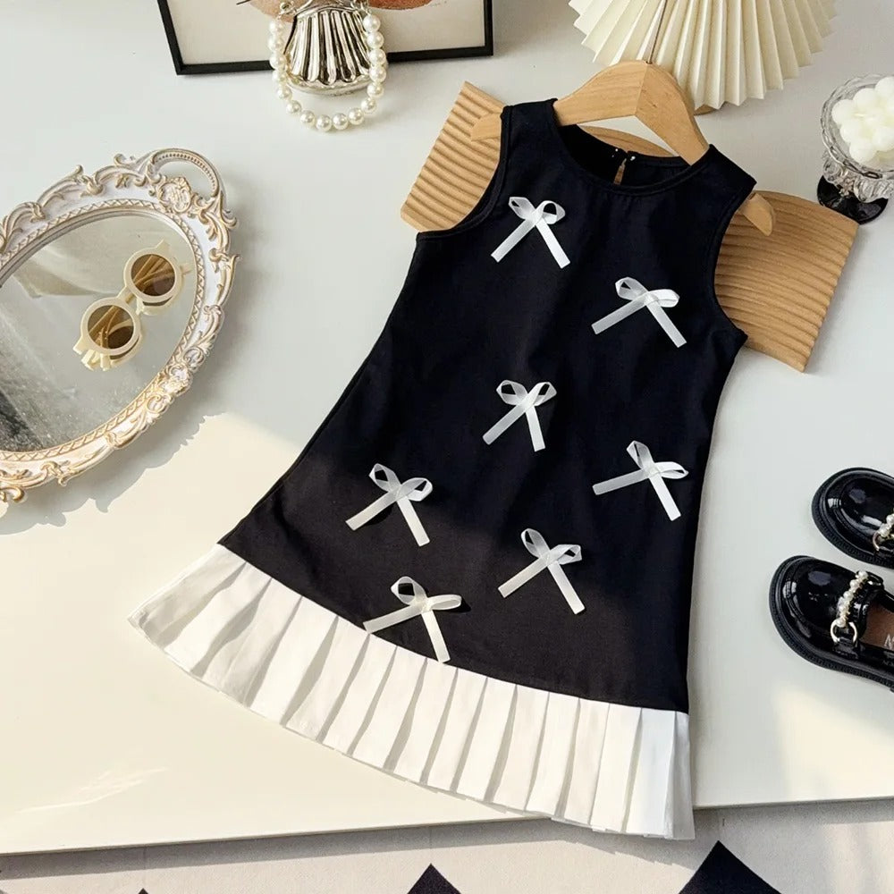 Black Bow Decoration Girls Dress Summer Sleeveless Princess Dresses Color Blocked Children's Clothing 3 To 7 Years Wea