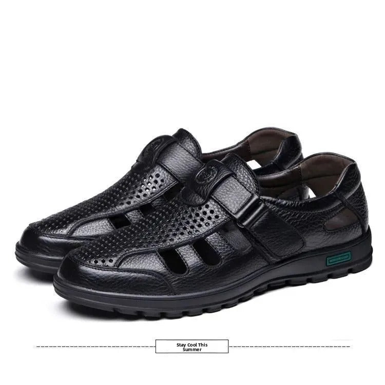 Pure Cowhide Men's Casual Shoes Breathable Hollow out Design Soft Bottom Leather Sandals