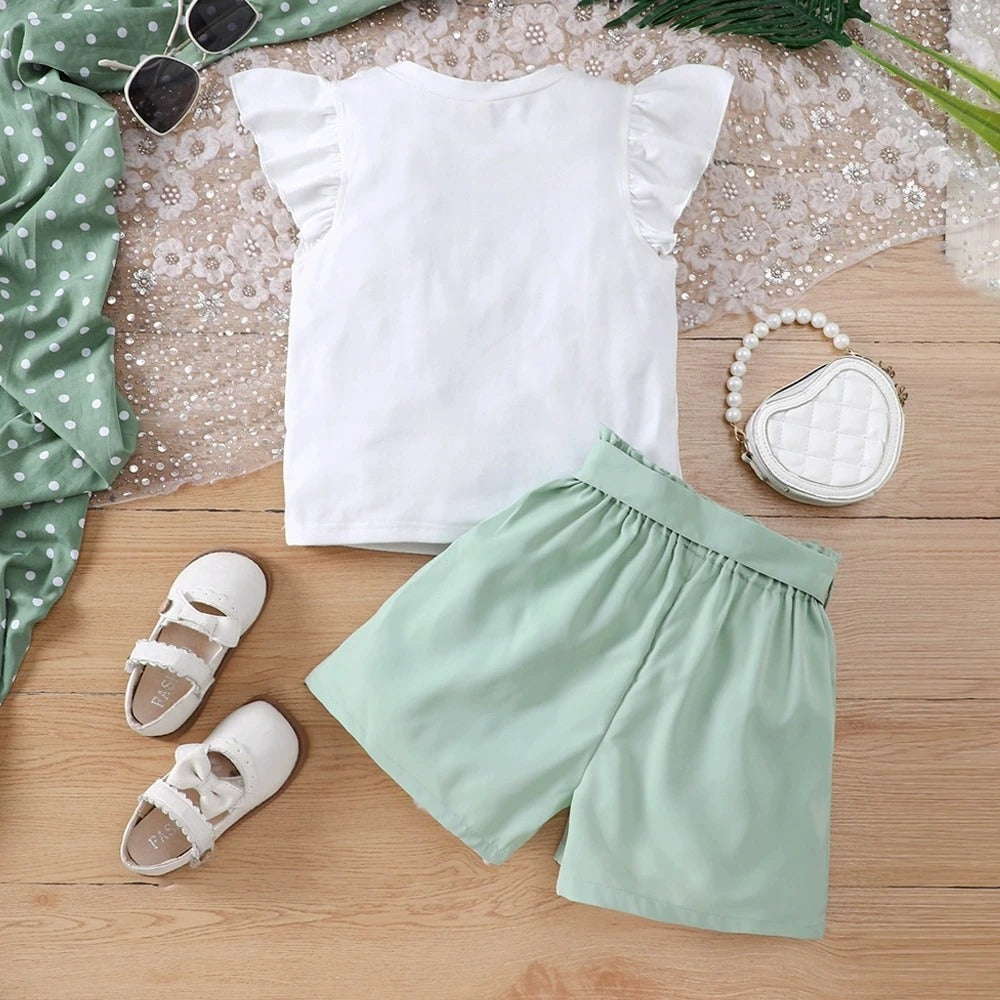 2pcs Set Children White T-Shirt with Green Shorts Summer Teen Girls Outfits For 8 9 10 11 12 Years