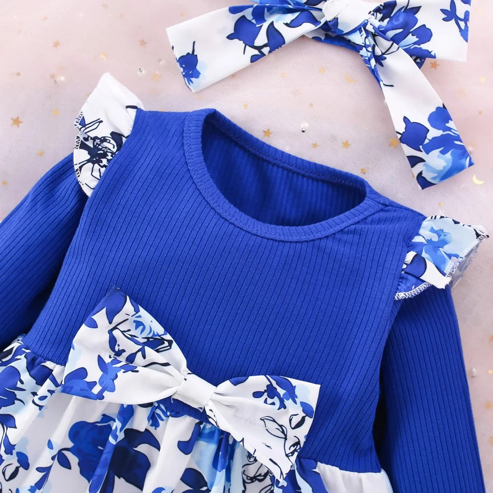(6 Months -3 Years Old) Spring And Autumn New Blue Flower Baby Girl Dress