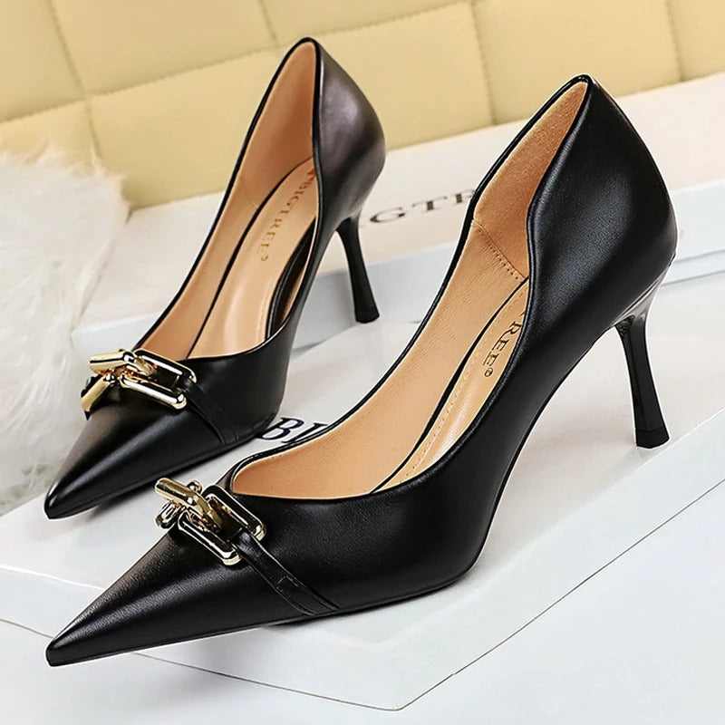 BIGTREE Shoes Elegant Women Pumps Metal Button Kitten Heels