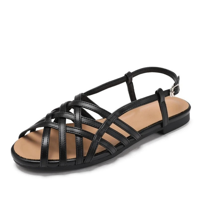 Peep Toe Low Heels Women Roman Sandals Soft Sole Hollow Out Woven