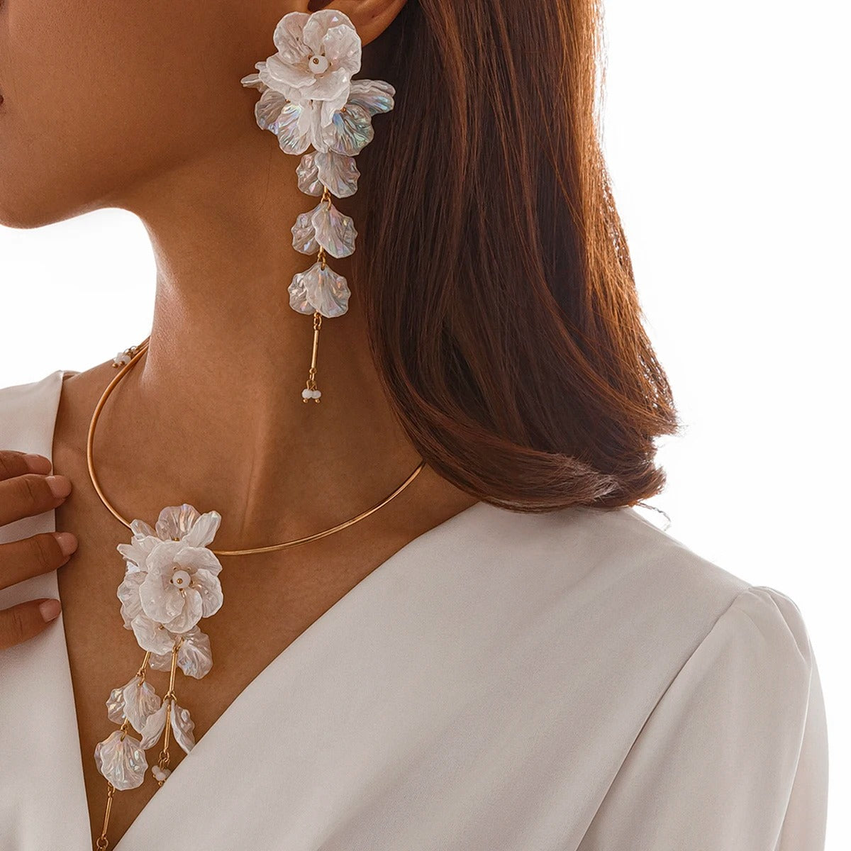 Large Colorful White Scallop Flower Earrings