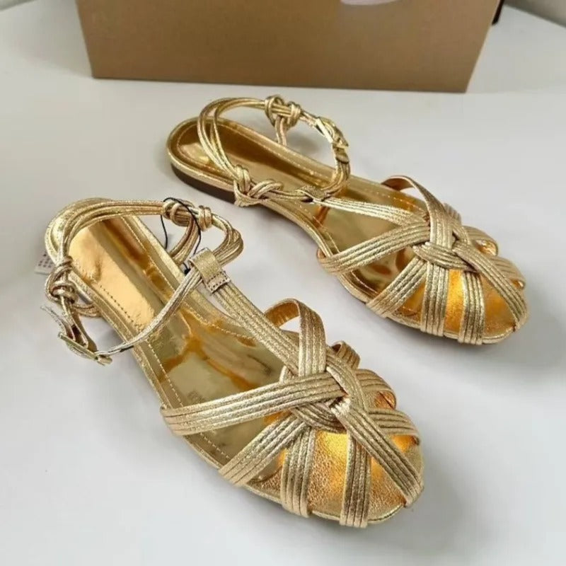 Golden Soft Leather  Summer Flat with Comfortable Beach Shoes for Female