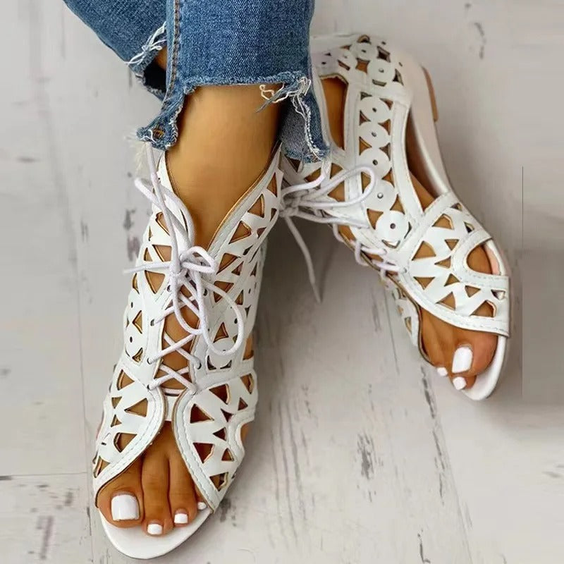 Lace Up Low Heel Flat Ladies Sandals