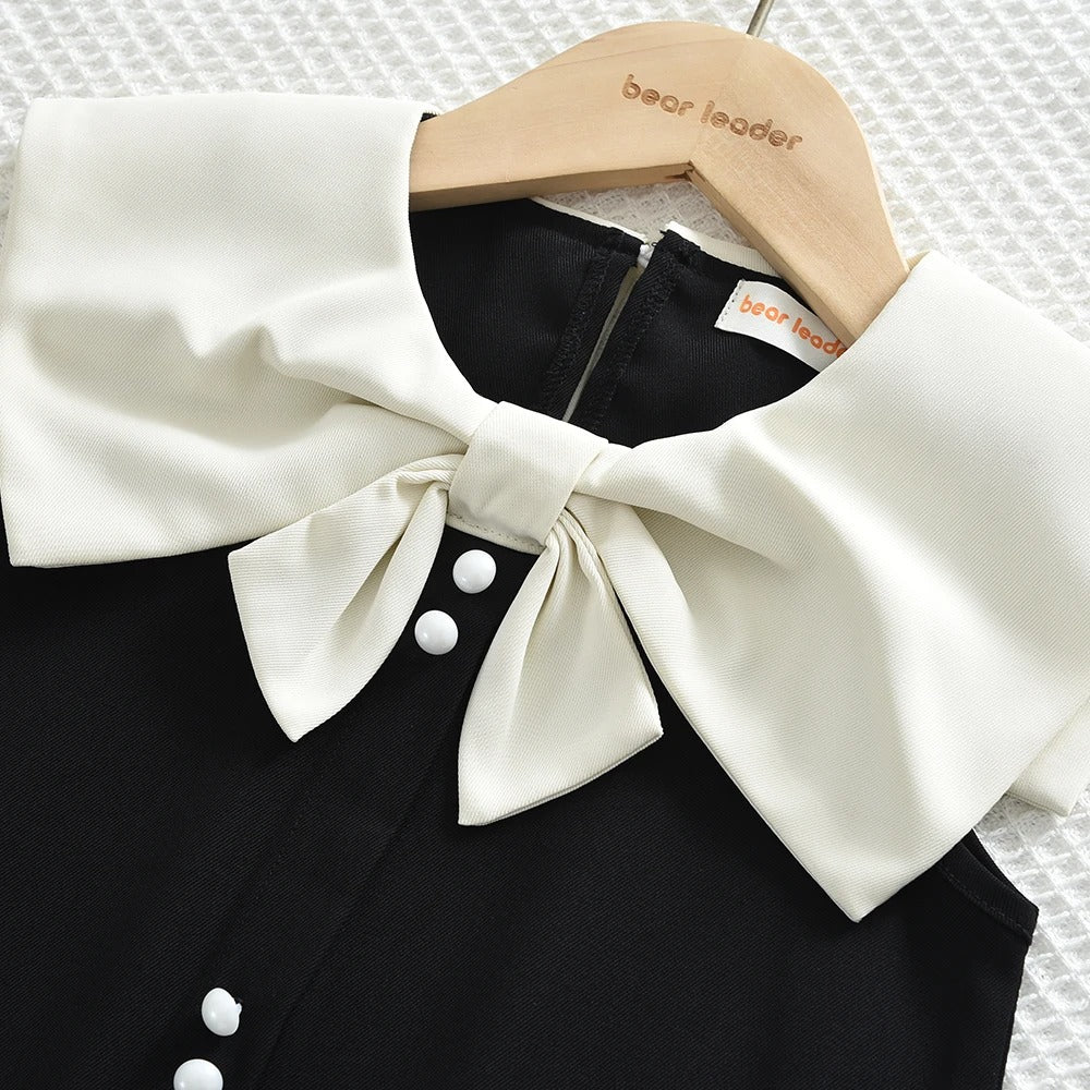 Fashionable Girls' Casual Clothes Lapel Bow Pearl Single Breasted Sleeveless Dress.