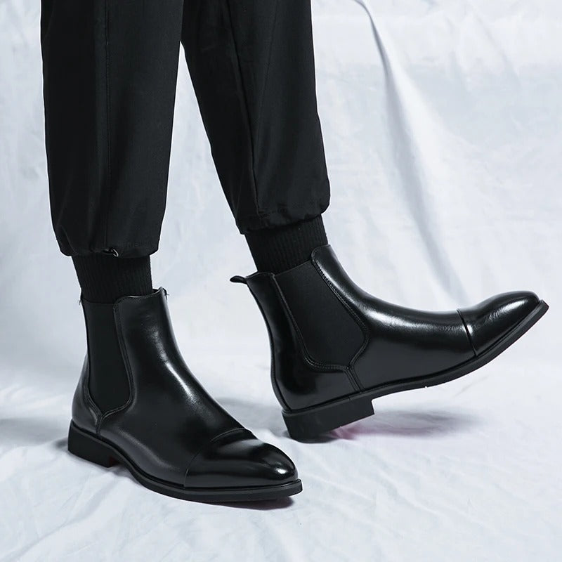 Chelsea Boots for Men Red Sole Pu Ankle Business Round Toe Slip-On