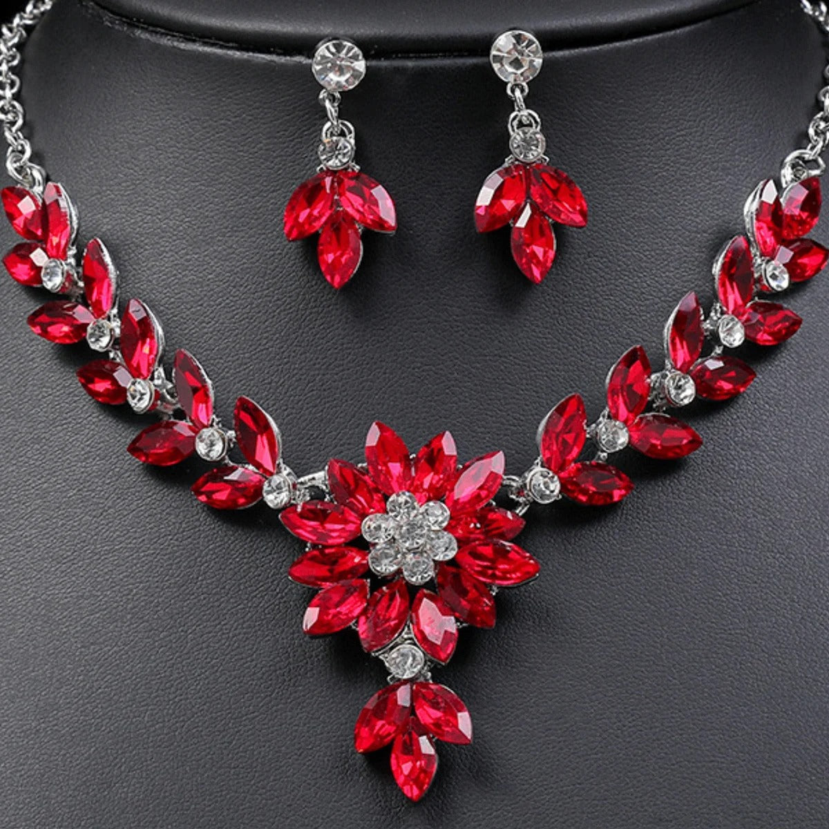 crystal contrasting flower necklace earrings