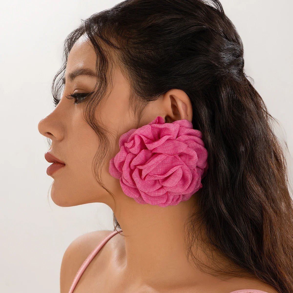 Big Fabric Rose Flower Earrings