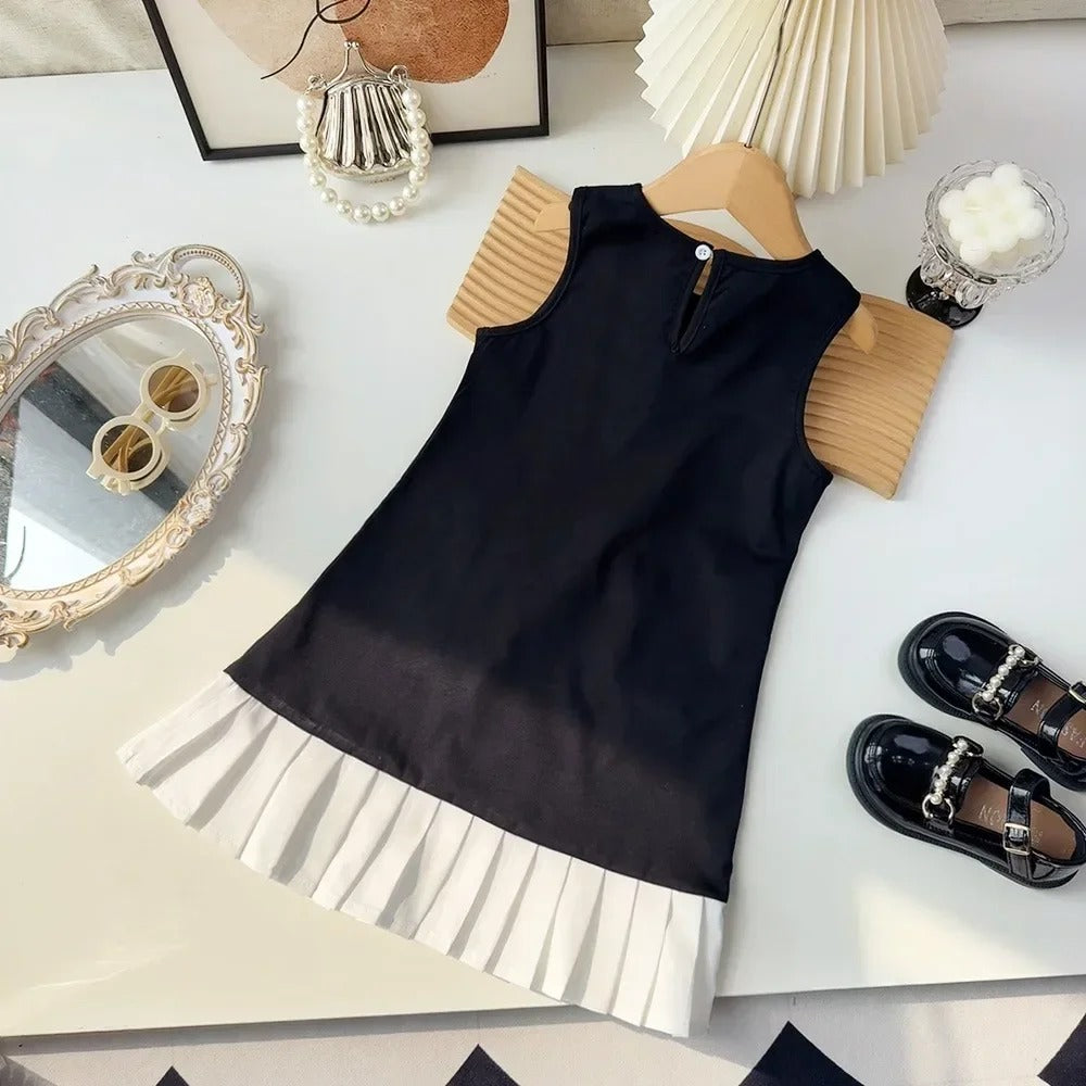 Black Bow Decoration Girls Dress Summer Sleeveless Princess Dresses Color Blocked Children's Clothing 3 To 7 Years Wea