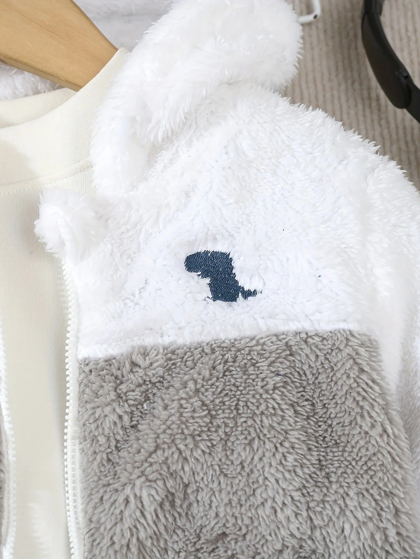 A Cute Little Dinosaur Embroidered Color-Blocking Hood.
