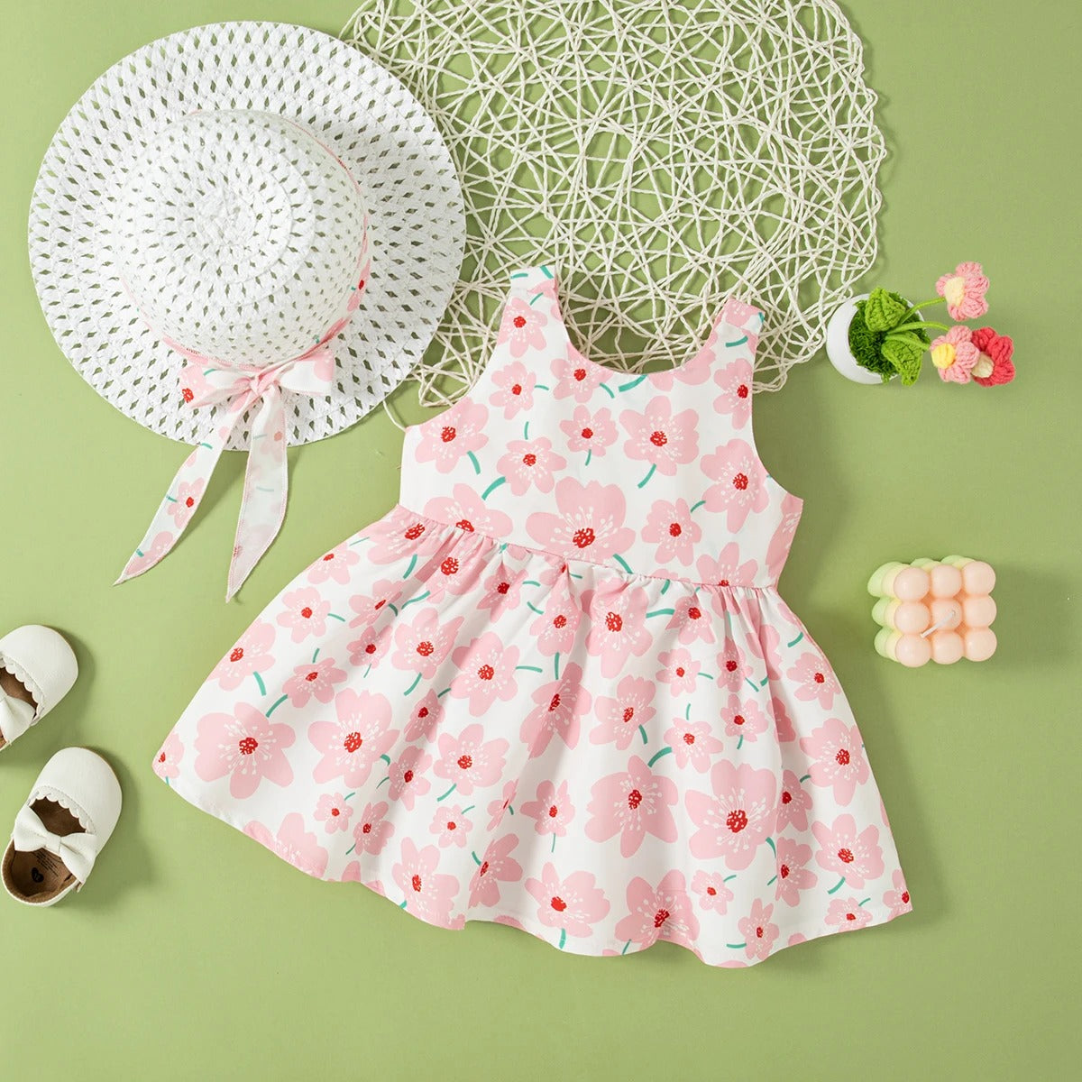 Bow Children'S Sleeveless Clothes With Free Hat For Beach Party