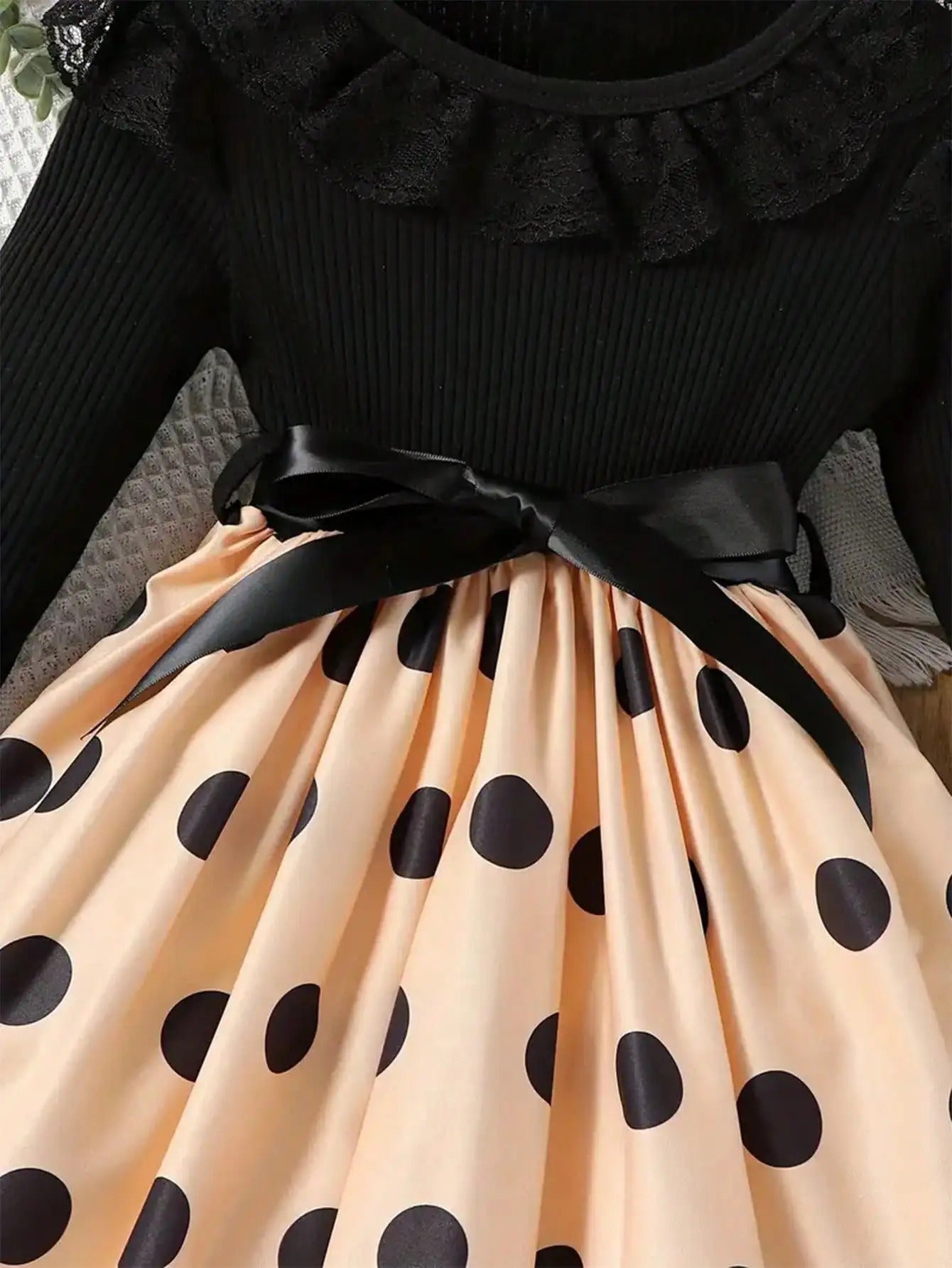 Lace Mesh Edge Round Neck Soft Long-Sleeve Patchwork Polka Dot All-Over Print Mid-Length Dress