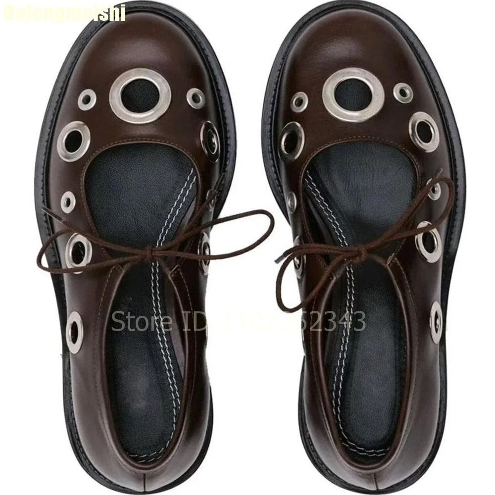 Black/brown Leather Women Loafers Shoes Metal Hollow Shallow Lace-Up Platform