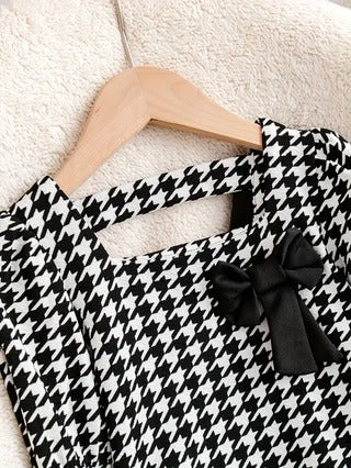 Girls' Two-Piece Set: Houndstooth-Printed Top with Bow Detail and Back Cutout + Flare Pants with Split Cuffs