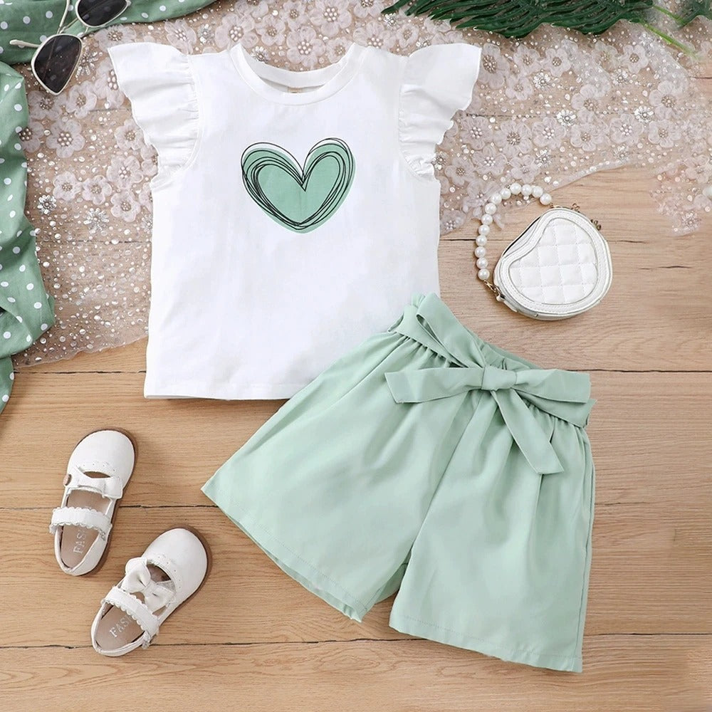 2pcs Set Children White T-Shirt with Green Shorts Summer Teen Girls Outfits For 8 9 10 11 12 Years