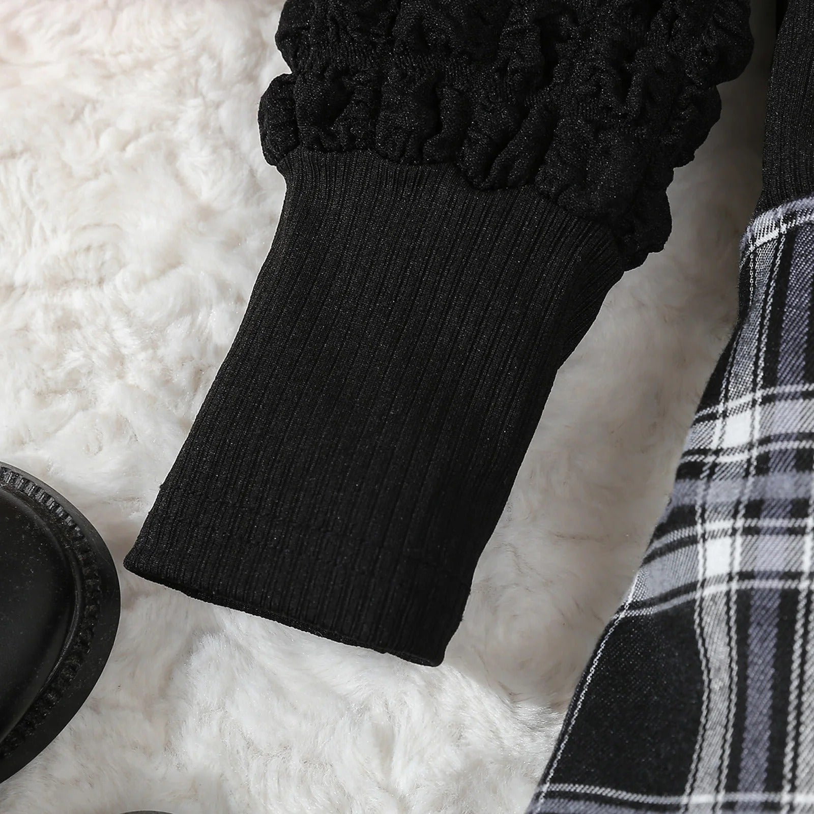 Girls Casual Black Top And Plaid Skirt Two-Piece Set Children's Clothing Outfit for Girls