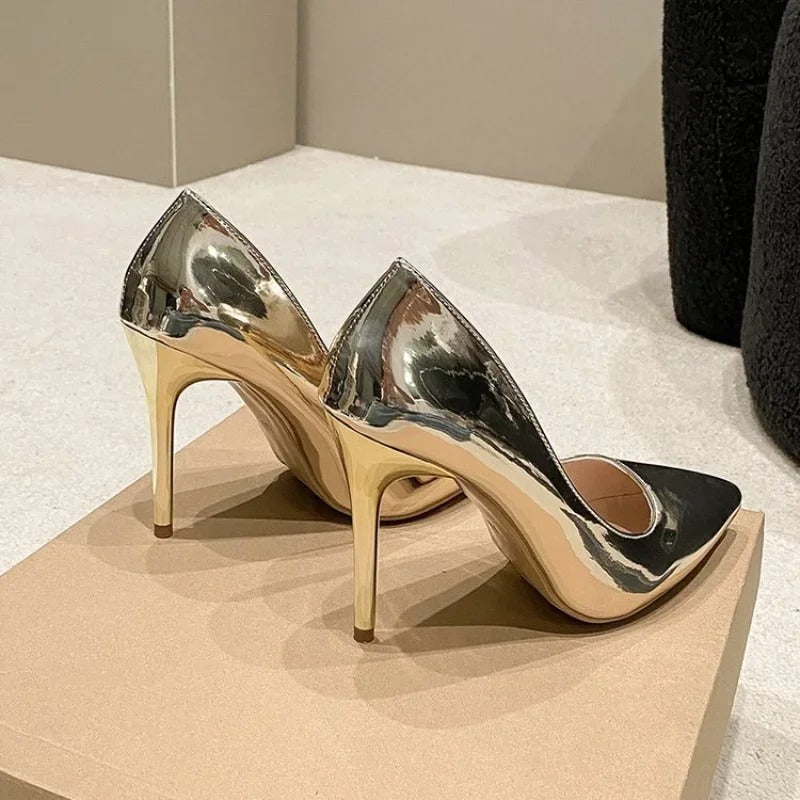Soft Leather Sliver Gold High Heels 8/10cm Shoe Fashion Women Pumps Pointed Toe Slip-