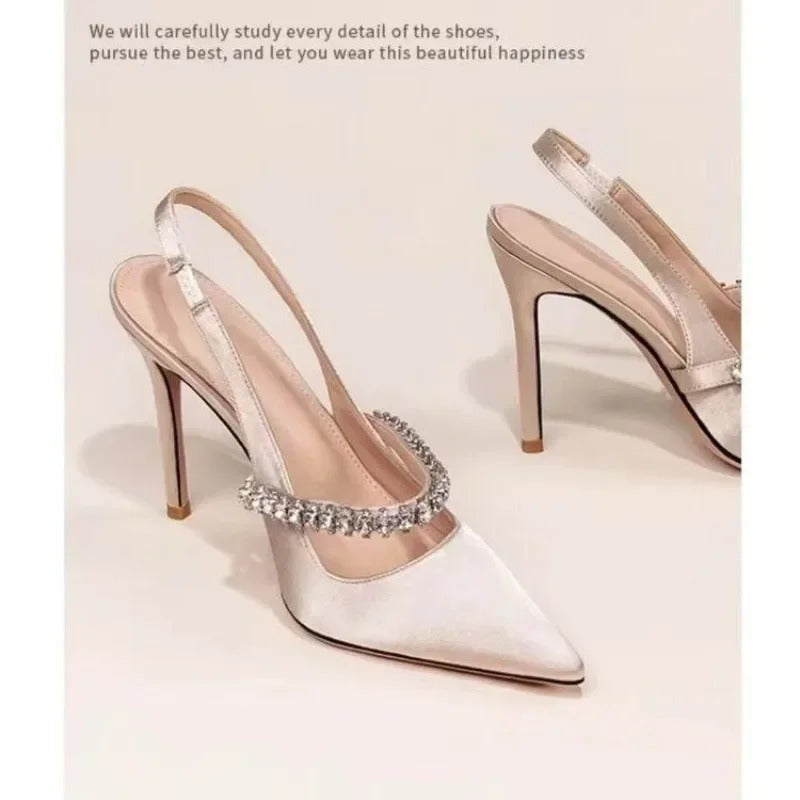 Silk Luxury Sexy Pointed Toe High Heels Womens Elegant Rhinestone Party Dress