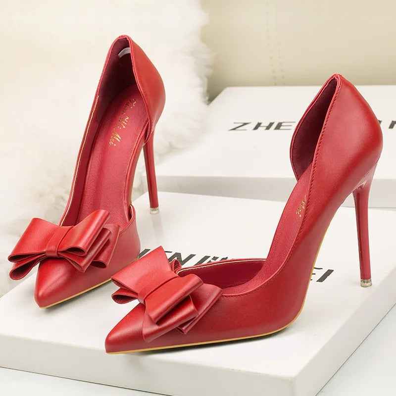 Sweet Bow High Heels Stiletto High Heels Shallow Mouth Pointed Side Hollow Luxury Designer Heels